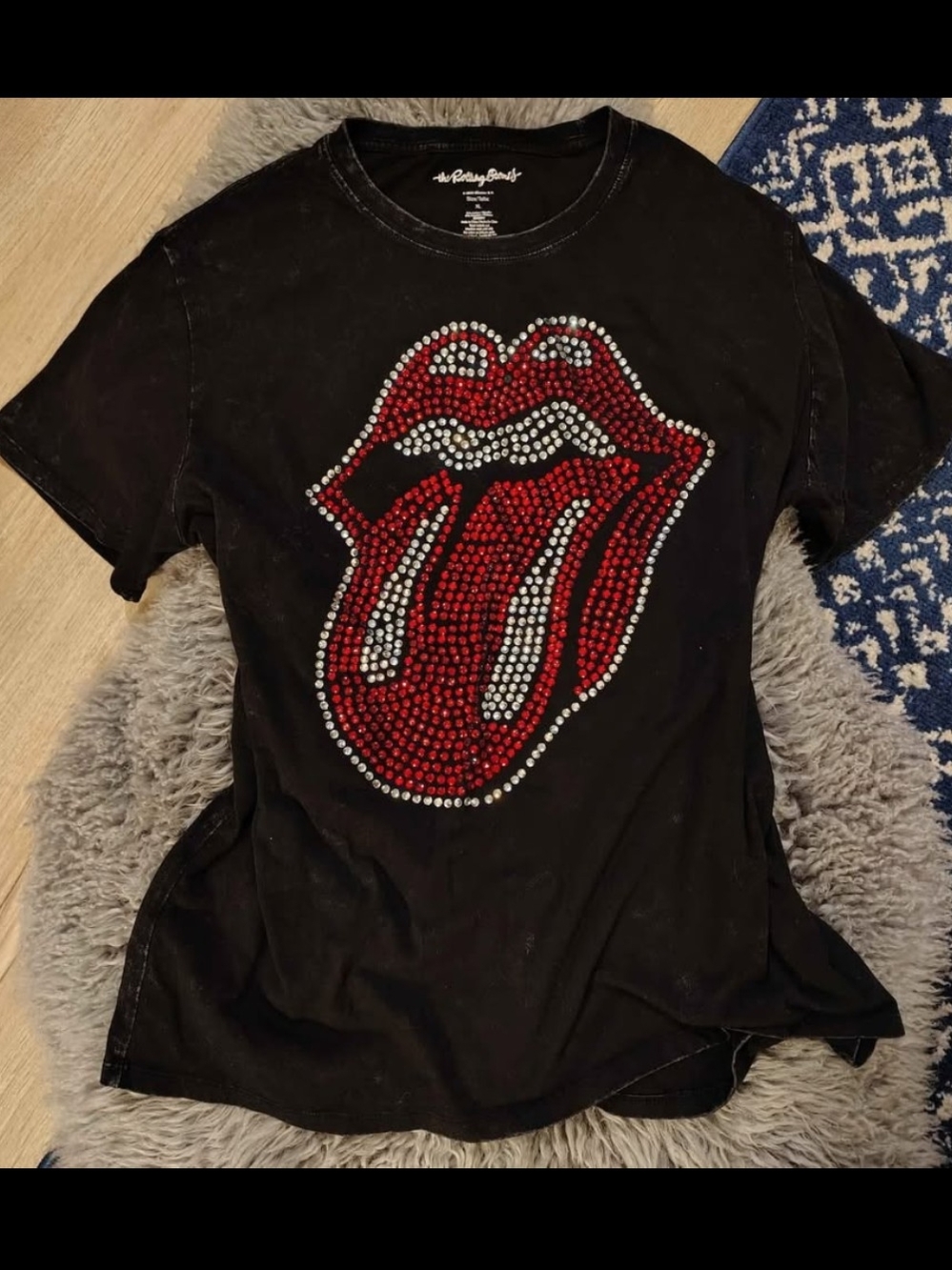 the Rolling Stones Black Short-Sleeve Tee with Red and Silver Rhinestone Logo
